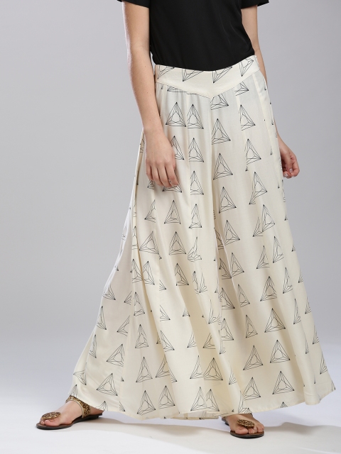 

W Women Off-White & Black Printed Flared Palazzos