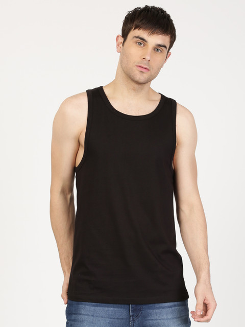 

ether Men Black Slim fit Solid Round Neck Sleeveless T-shirt