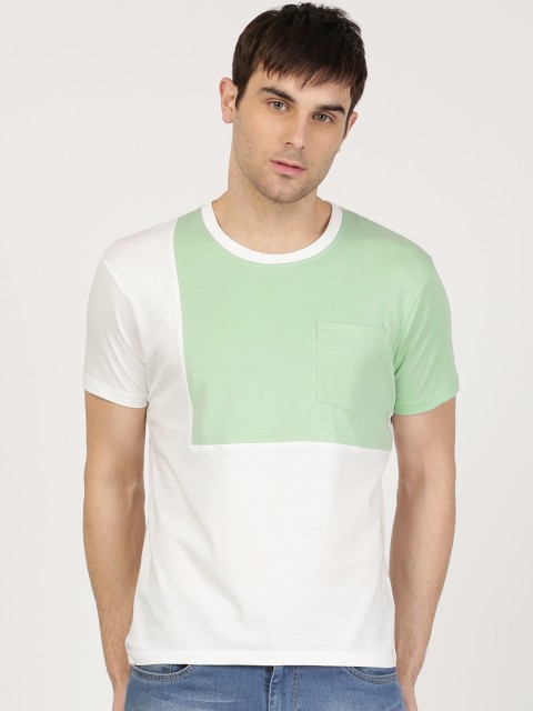 

ether Men White & Green Slim fit Colourblocked V-Neck T-shirt