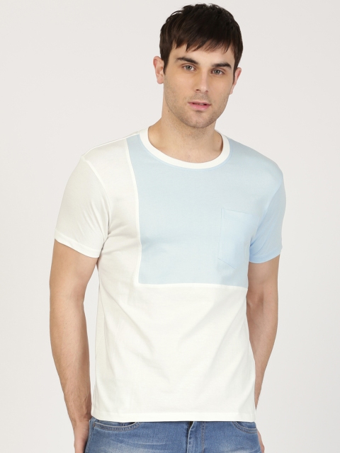 

ether Men White & Blue Colourblocked Round Neck T-shirt