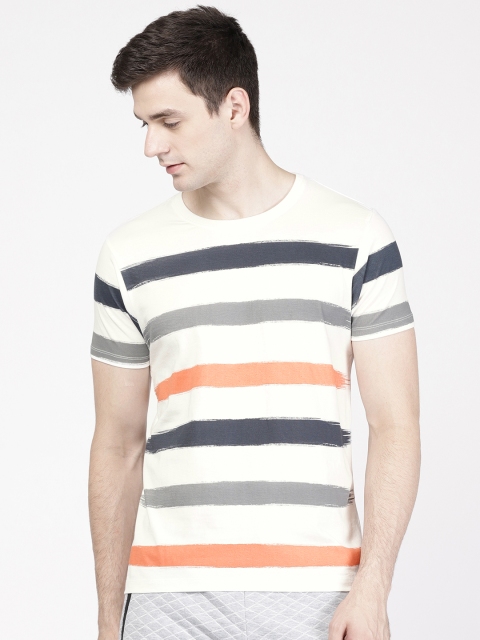 

ether Men White Striped Round Neck T-shirt