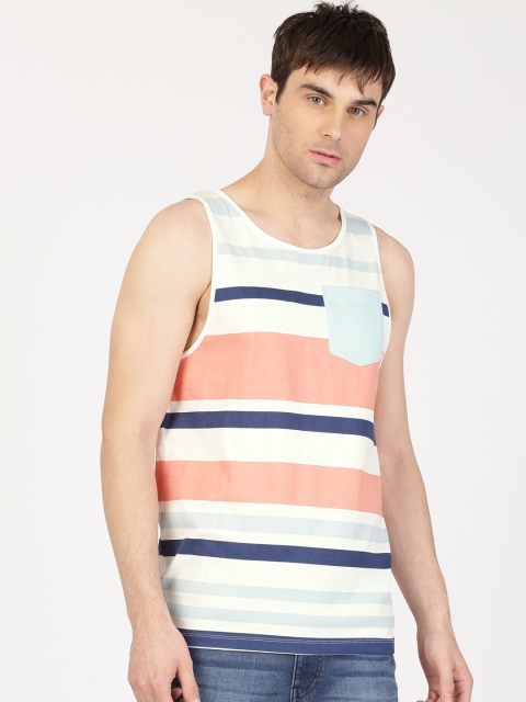 

ether Men Off-White & Peach-Coloured Striped Round Neck T-shirt