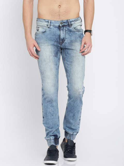 

Flying Machine Men Blue Jogger Fit Mid-Rise Low Distress Stretchable Joggers