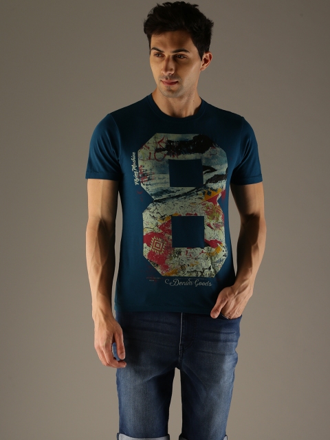 

Flying Machine Men Blue Printed Round Neck Pure Cotton T-shirt