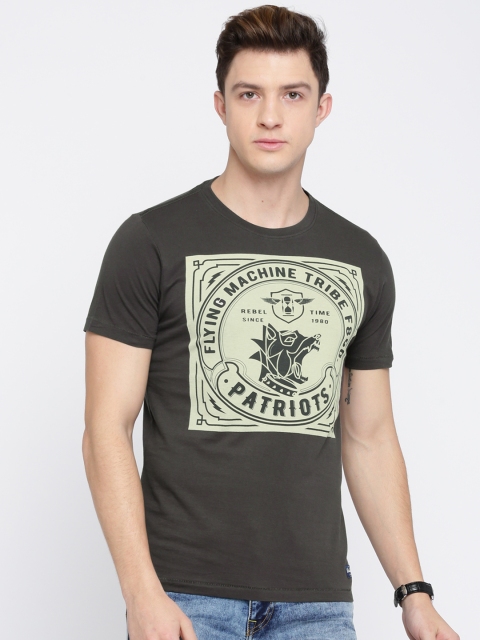 

Flying Machine Men Charcoal Grey Printed Round Neck T-shirt