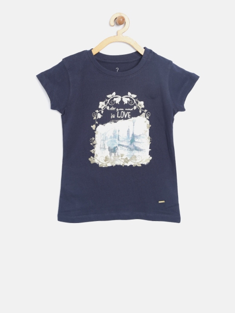 

Lee Cooper Girls Navy Printed Round Neck Pure Cotton T-shirt, Navy blue