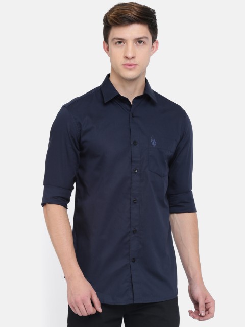 

U.S. Polo Assn. Men Navy Tailored Fit Solid Casual Shirt, Navy blue