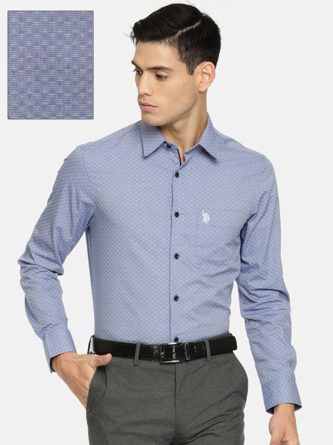 

U.S. Polo Assn. Men Blue Tailored Fit Self Design Formal Shirt