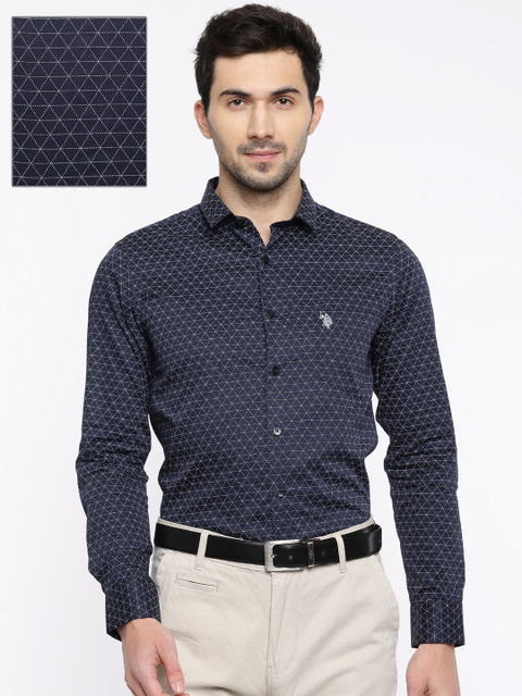 

U.S. Polo Assn. Men Navy Slim Fit Printed Formal Shirt, Navy blue