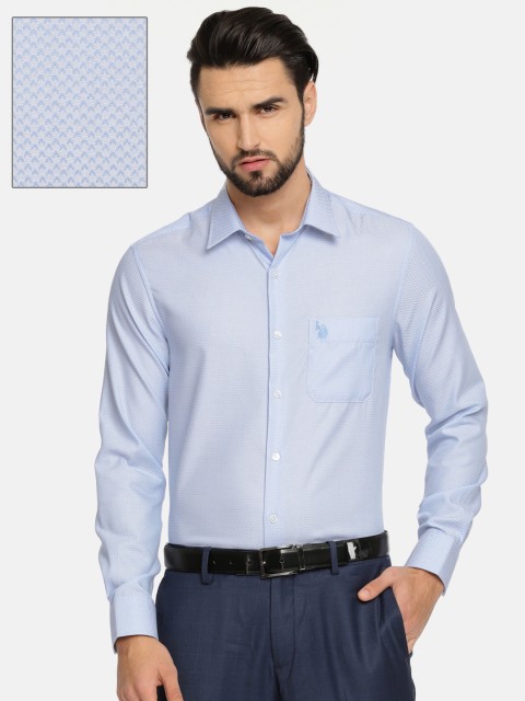 

U.S. Polo Assn. Men Blue Tailored Fit Self Design Formal Shirt