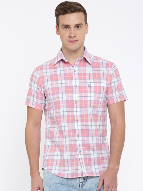 

U.S. Polo Assn. Men Coral Pink & Blue Tailored Fit Checked Casual Shirt