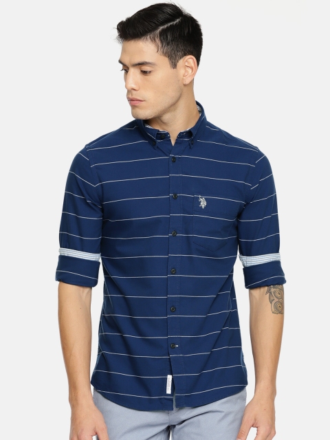 

U.S. Polo Assn. Men Navy Blue & White Tailored Fit Striped Casual Shirt
