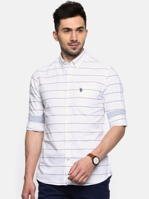 

U.S. Polo Assn. Men White & Blue Tailored Fit Striped Casual Shirt