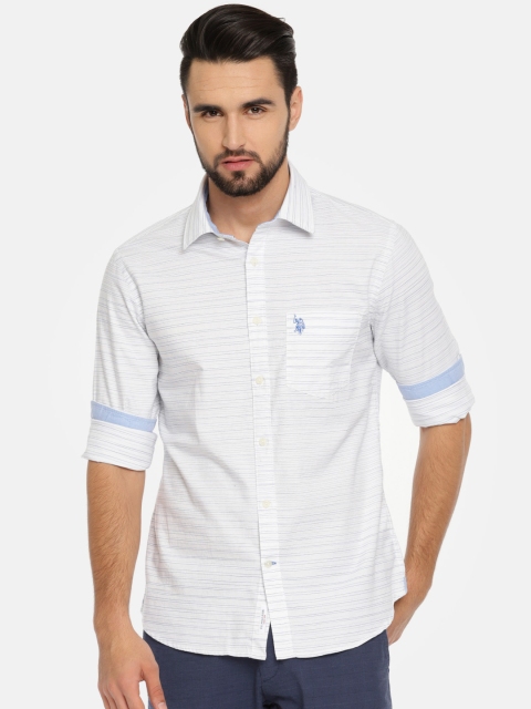

U.S. Polo Assn. Men Off-White & Blue Tailored Fit Striped Casual Shirt