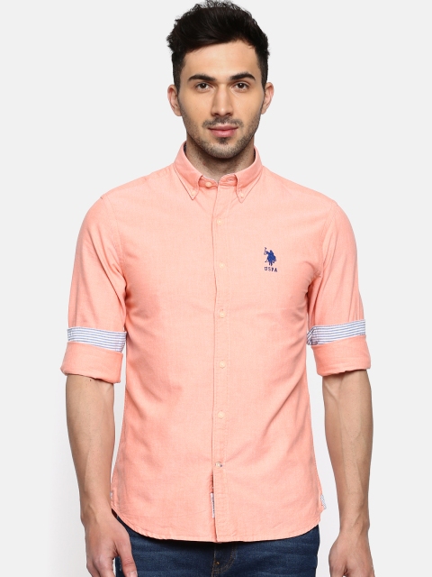 

U.S. Polo Assn. Men Peach-Coloured Tailored Fit Solid Casual Shirt