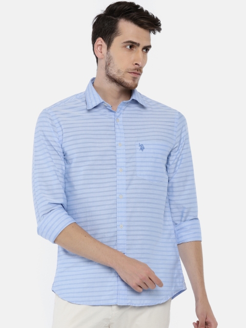 

U.S. Polo Assn. Men Blue Tailored Fit Striped Casual Shirt