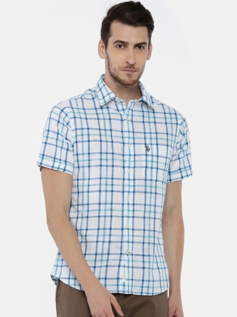 

U.S. Polo Assn. Men White & Blue Regular Fit Checked Casual Shirt