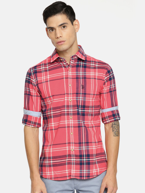 

U.S. Polo Assn. Men Coral Pink & Navy Tailored Fit Checked Casual Shirt