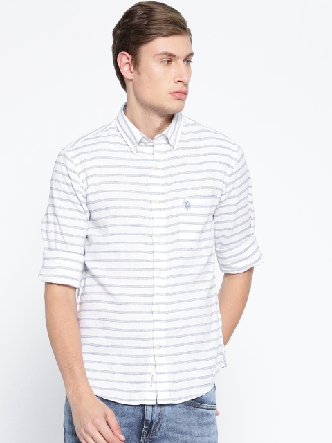 

U.S. Polo Assn. Men White & Blue Tailored Fit Striped Casual Shirt