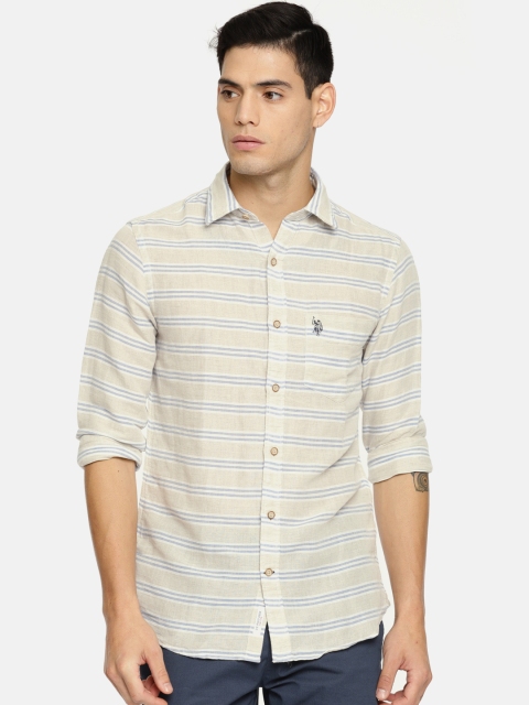 

U.S. Polo Assn. Men Beige & Purple Tailored Fit Striped Casual Shirt