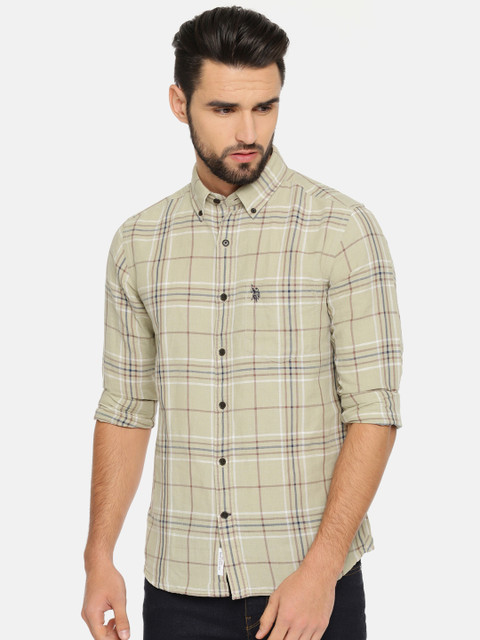 

U.S. Polo Assn. Men Beige & Brown Tailored Fit Checked Casual Shirt