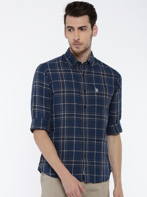 

U.S. Polo Assn. Men Navy & Beige Regular Fit Checked Casual Shirt, Navy blue