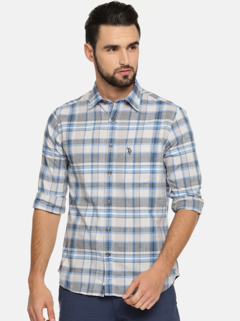 

U.S. Polo Assn. Men Beige & Blue Tailored Fit Checked Casual Shirt