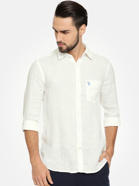 

U.S. Polo Assn. Men White Linen Regular Fit Solid Casual Shirt