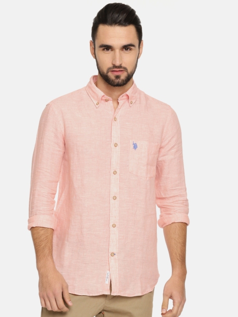 

U.S. Polo Assn. Men Peach-Coloured Tailored Fit Solid Casual Linen Shirt