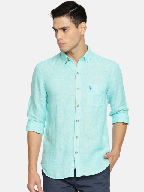 

U.S. Polo Assn. Men Turquoise Blue Linen Tailored Fit Solid Casual Shirt