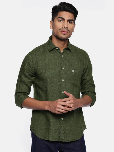 

U.S. Polo Assn. Men Olive Green Linen Tailored Fit Solid Casual Shirt