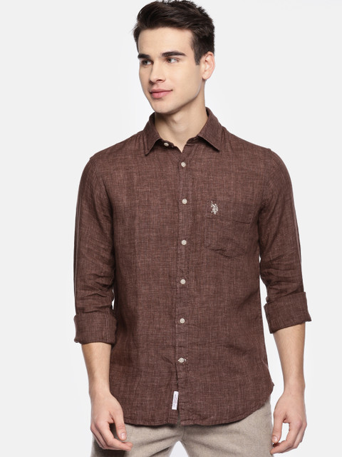 

U.S. Polo Assn. Men Brown Linen Tailored Fit Solid Casual Shirt