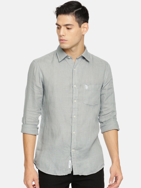 

U.S. Polo Assn. Men Grey Tailored Fit Solid Casual Linen Shirt