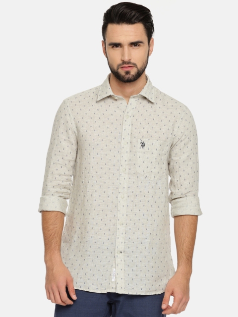 

U.S. Polo Assn. Men Beige Tailored Fit Printed Linen Casual Shirt
