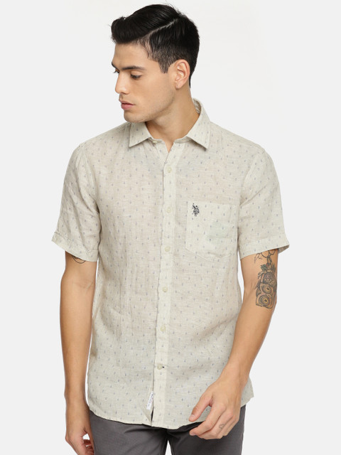 

U.S. Polo Assn. Men Beige Tailored Fit Printed Linen Casual Shirt
