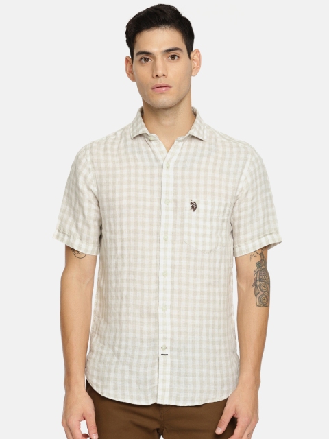 

U.S. Polo Assn. Men Beige & White Tailored Fit Checked Linen Casual Shirt