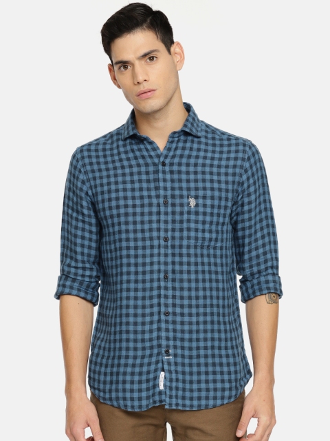

U.S. Polo Assn. Men Navy Blue Tailored Fit Checked Linen Casual Shirt