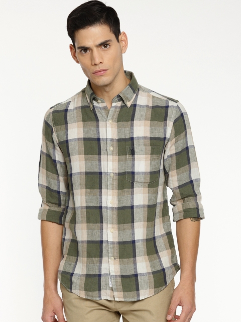 

U.S. Polo Assn. Men Green & Off-White Tailored Fit Linen Checked Casual Shirt