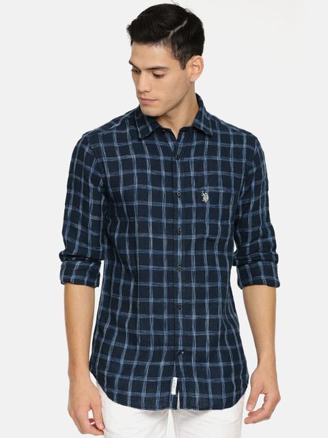 

U.S. Polo Assn. Men Navy Blue Tailored Fit Checked Casual Shirt