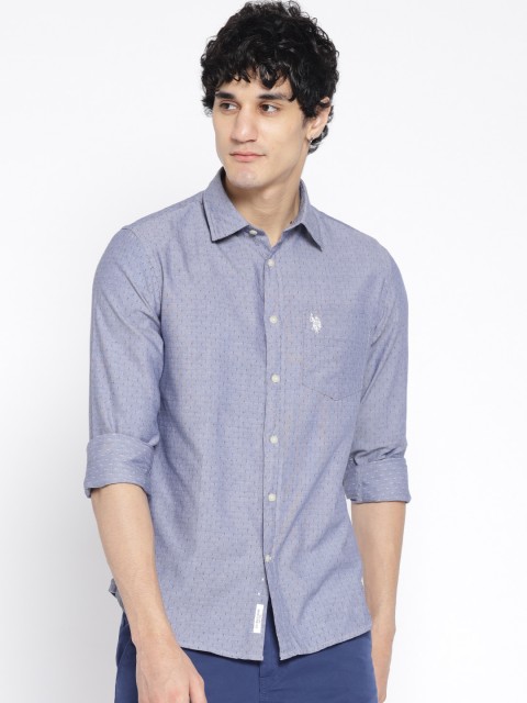 

U.S. Polo Assn. Men Blue Tailored Fit Self-Design Casual Shirt