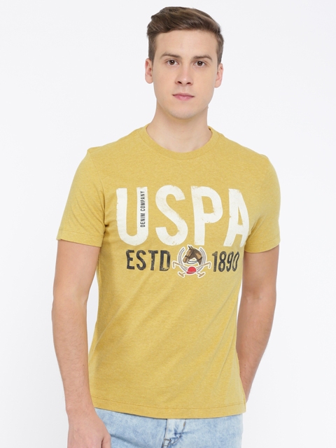 

U.S. Polo Assn. Denim Co. Men Mustard Yellow Printed Round Neck T-shirt