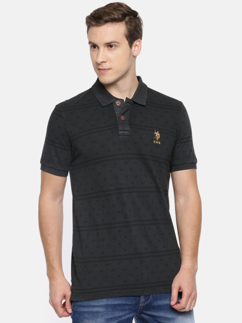 

U.S. Polo Assn. Denim Co. Men Charcoal Grey & Black Printed Polo T-shirt