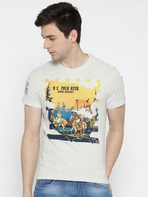 

U.S. Polo Assn. Denim Co. Men Grey Melange Printed Round Neck T-shirt
