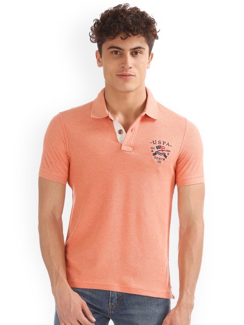 

U.S. Polo Assn. Denim Co. Men Peach-Coloured Solid Polo Collar Pure Cotton T-shirt