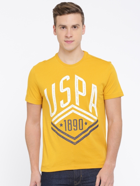 

U.S. Polo Assn. Denim Co. Men Mustard Yellow Printed Round Neck T-shirt