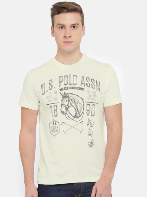 

U.S. Polo Assn. Denim Co. Men Cream Printed Round Neck Pure Cotton T-shirt