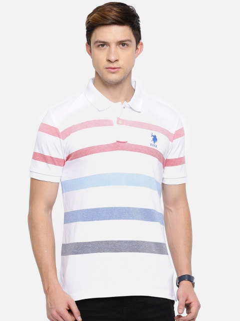 

U.S. Polo Assn. Men White Striped Polo Collar Pure Cotton T-shirt