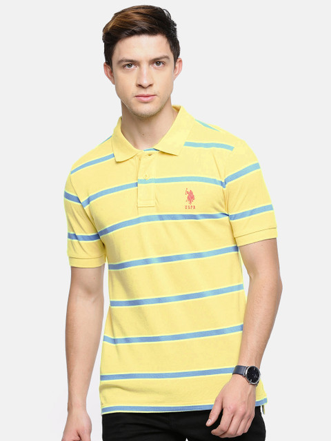 

U.S. Polo Assn. Men Yellow Blue Striped Polo Pure Cotton T-shirt