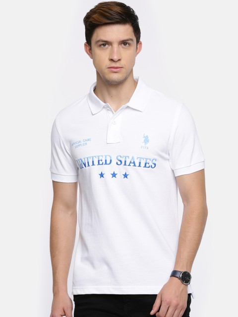 

U.S. Polo Assn. Men White Self-Design Polo Collar Pure Cotton T-shirt
