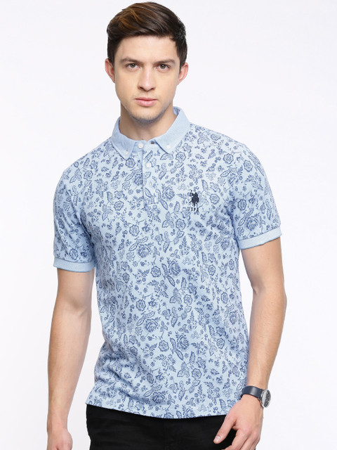 

U.S. Polo Assn. Men Blue Printed Polo Pure Cotton T-shirt
